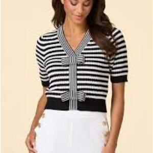 Women’s Black and White Striped Short Sleeve Sweater, Bow Detail, Large